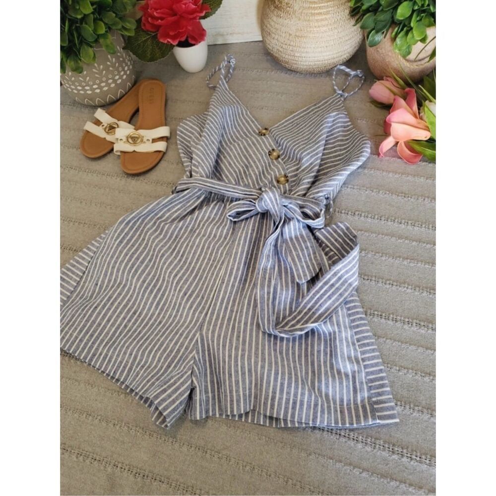 Purple Snow ash blue and white stripe romper.